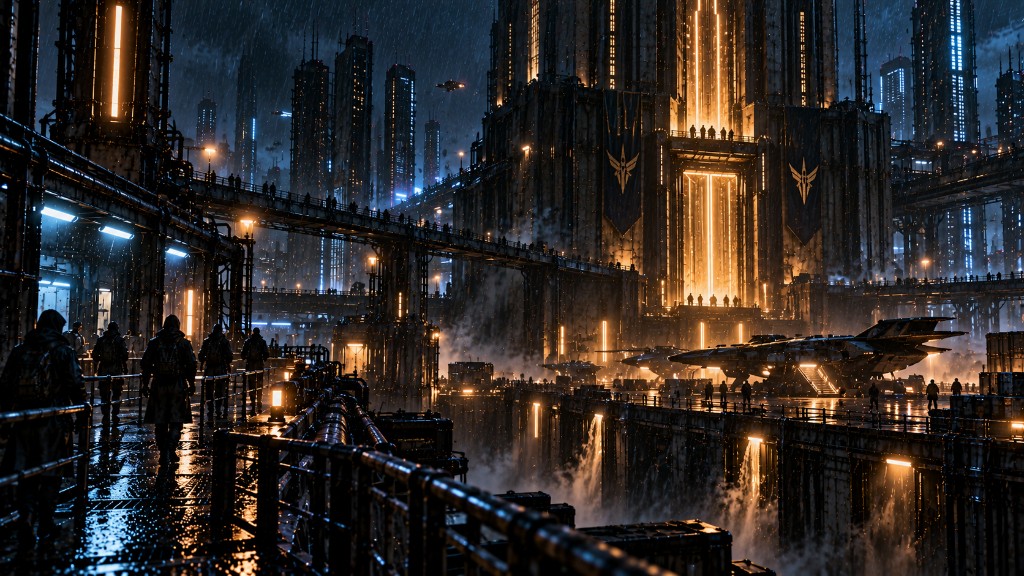 Cinderwell at night. Rain on the walk, neon on the towers.