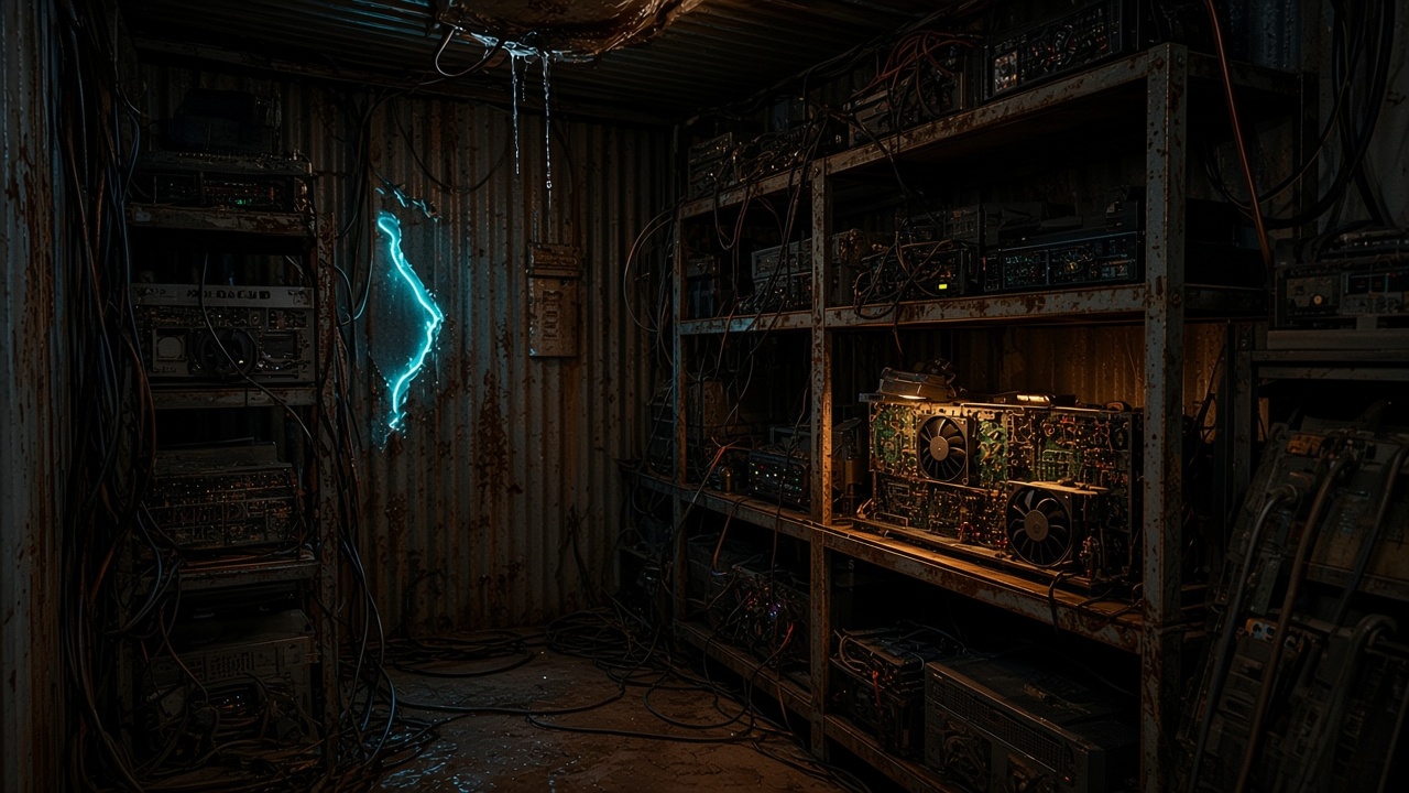 A cable closet, racks, and a small mining rig.