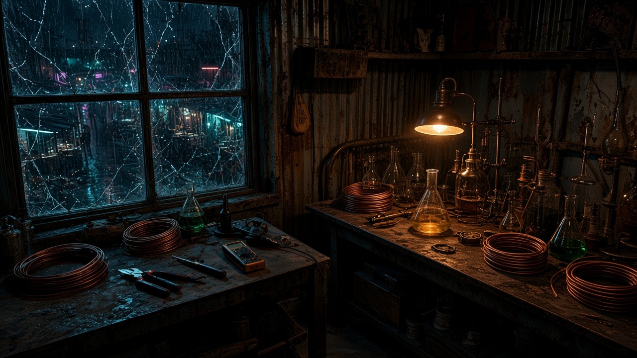 A chemistry bench under a cracked window, rain outside.