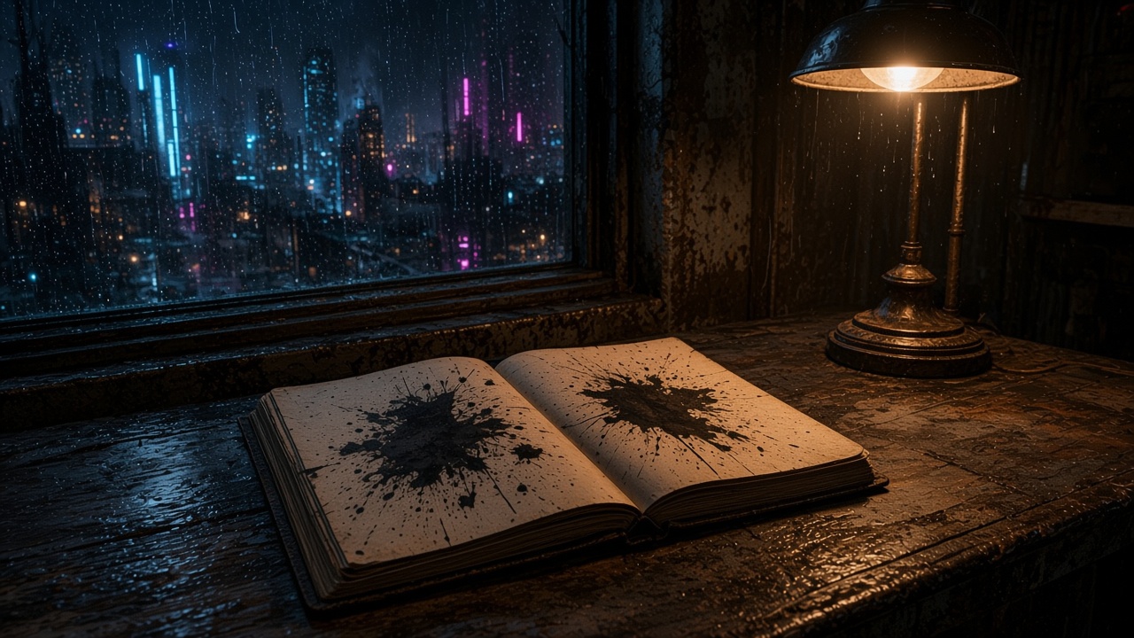 An open journal under a lamp.