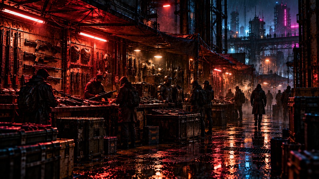 A wet market street after dark.