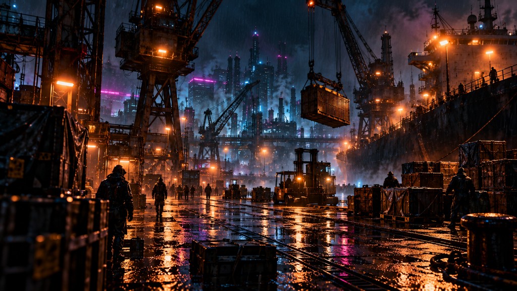 The docks at night, cranes and wet plate.