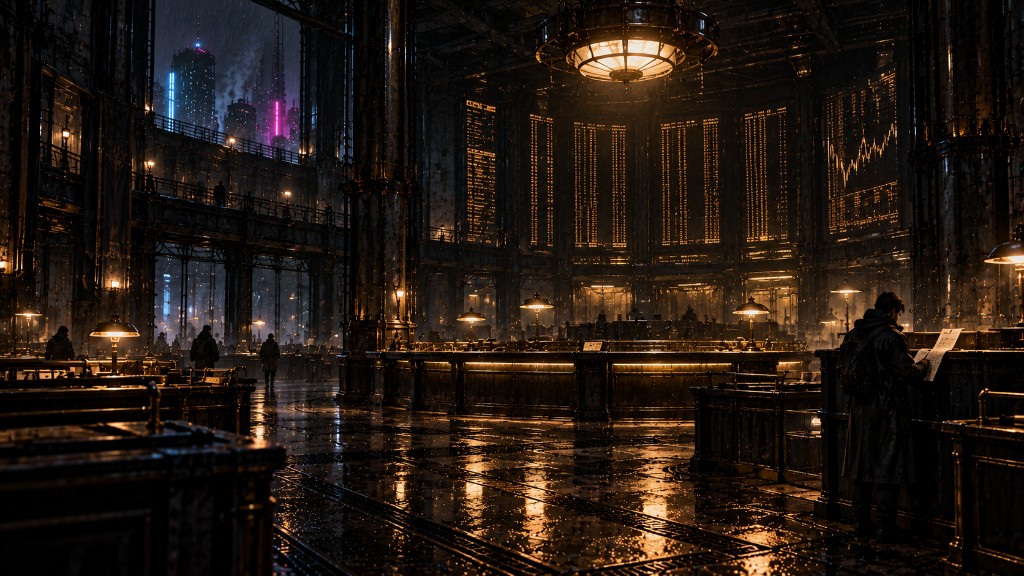 The Ledger at night, rain on the floor, lamps over the counters.