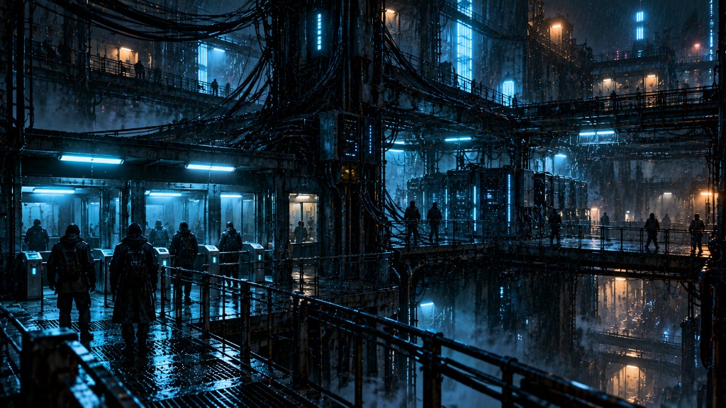 Wire Nest at night, cable and rain.