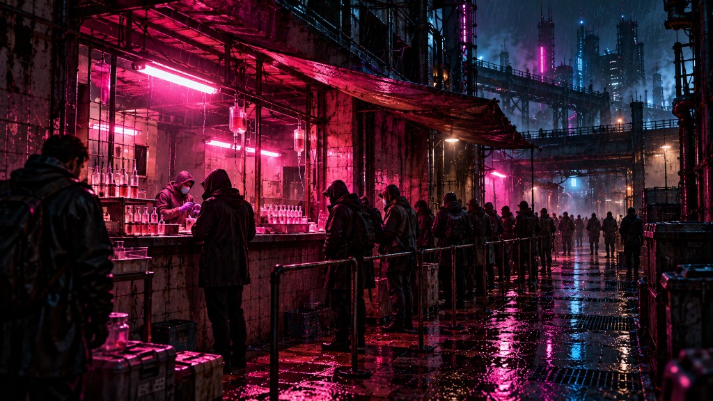 Pit Row at night, pink light on the wet.