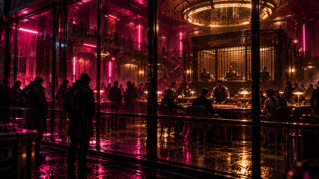 The Rake, neon on a wet floor.