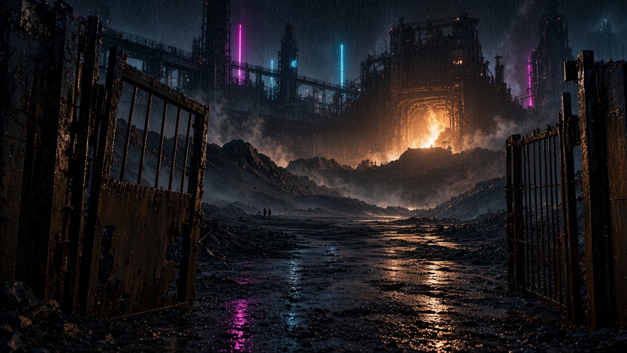 A shut gate in the waste, rain on the iron.